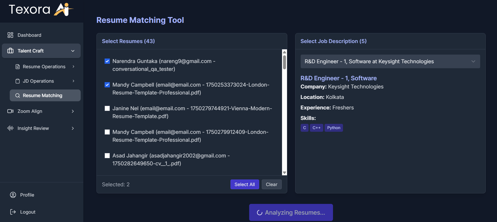 Smart matching dashboard